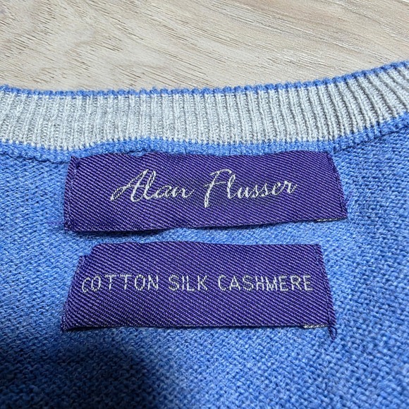 Alan Flusser Sweater Mens Medium Blue Cotton Silk Cashmere V-Neck Pullover Knit - Picture 7 of 10